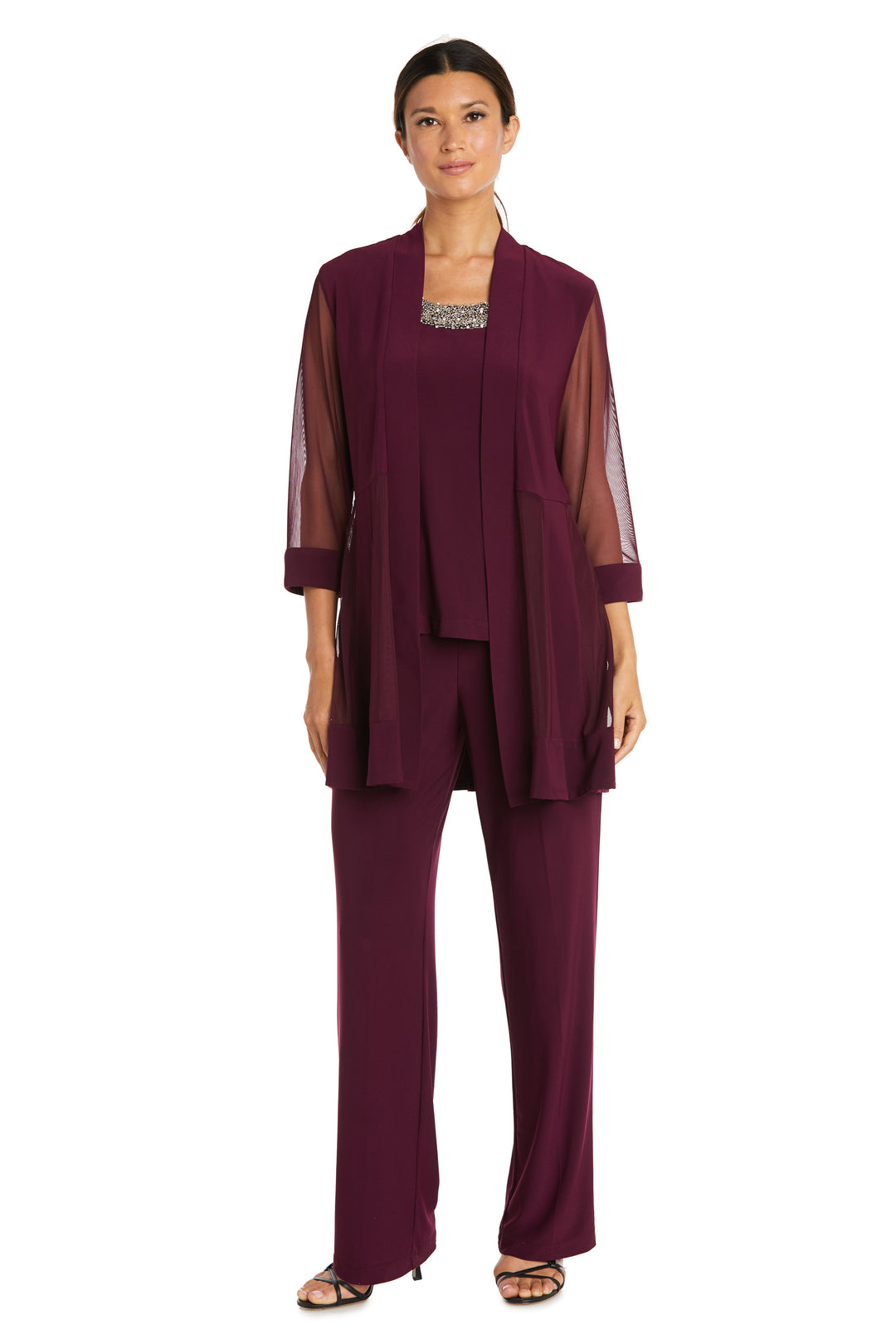 Three Piece Pantsuit With Sheer Sleeves and Neckline Beading R M Richards