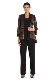 Three-Piece Power Mesh Velvet Jacket and Pant Set with Attached Necklace - Petite