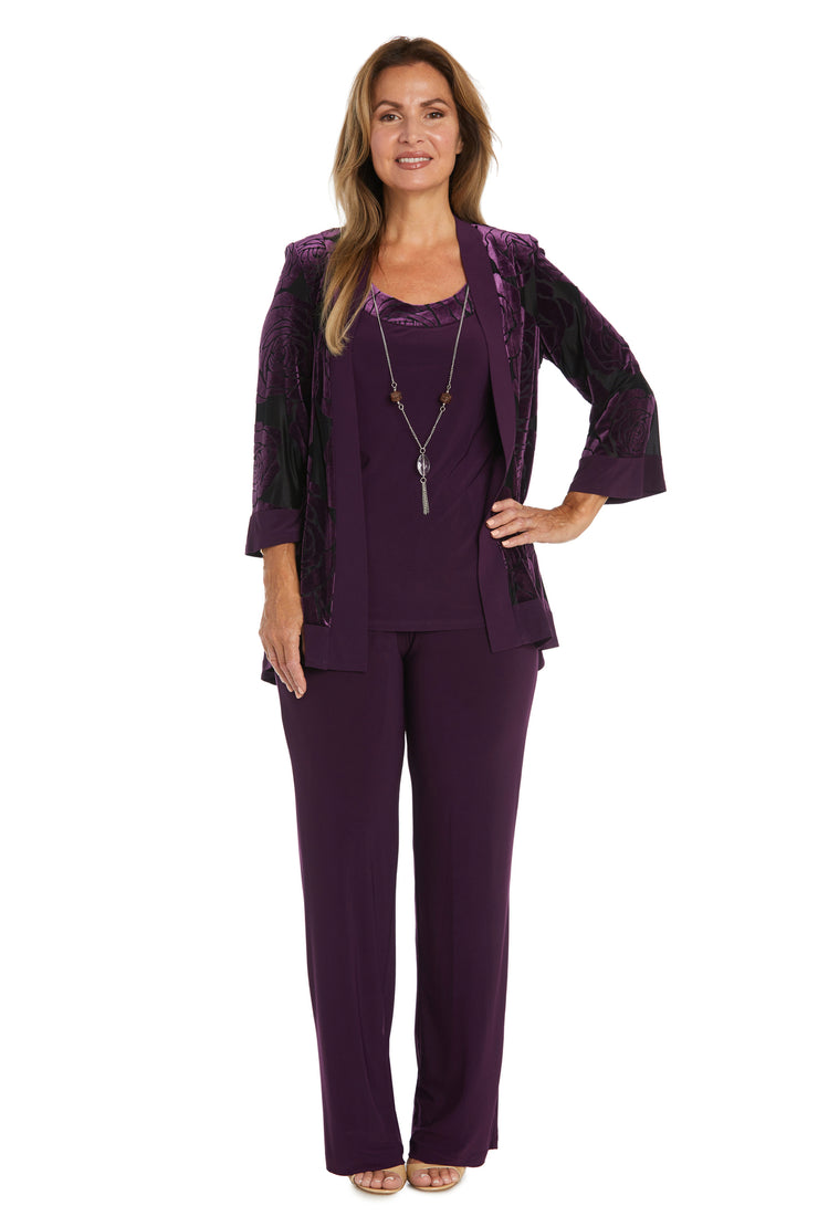Three-Piece Power Mesh Velvet Jacket and Pant Set with Attached Necklace - Petite