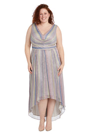 High-Low Metallic Crinkle Dress With a Rhinestone Waist Detail - Plus