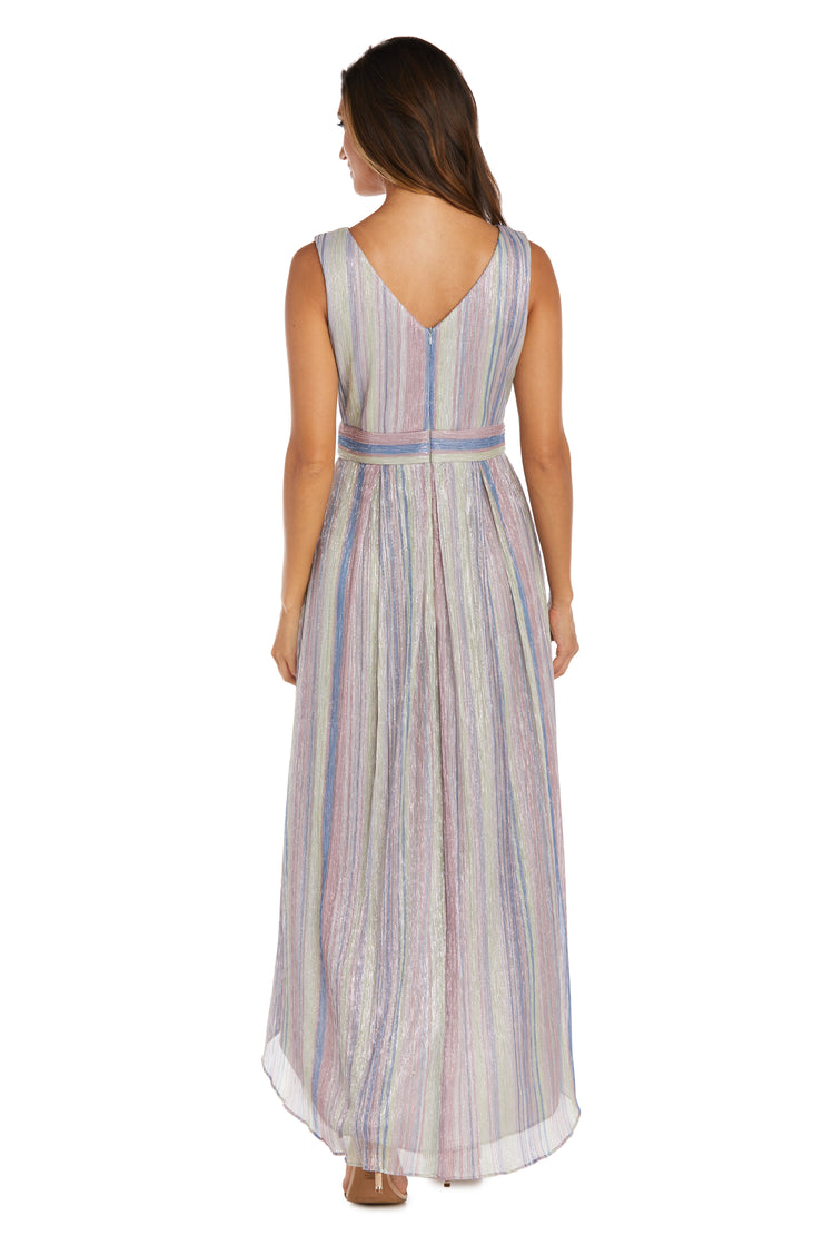 High-Low Metallic Crinkle Dress With a Rhinestone Waist Detail