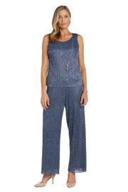 Three Piece Crinkle Pantsuit with a Mesh Chiffon Jacket and Necklace