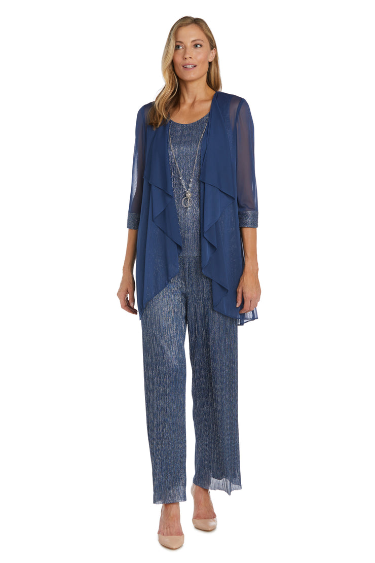 Three Piece Crinkle Pantsuit with a Mesh Chiffon Jacket and Necklace