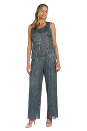 Three Piece Crinkle Pantsuit with A Mesh Chiffon Jacket and Necklace - Petite