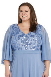 Long Fleur De Lis Sequin Bodice Dress with Cape Sleeves - Plus