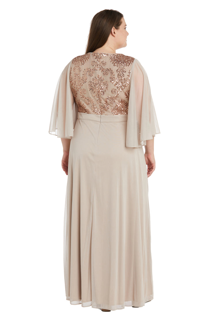 Long Fleur De Lis Sequin Bodice Dress with Cape Sleeves - Plus