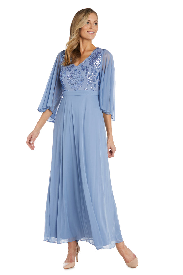 Long Fleur De Lis Sequin Bodice Dress with Cape Sleeves